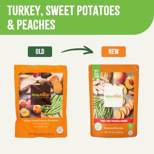 Real Food Blends Turkey, Sweet Potatoes & Peaches - Pureed Food Meals for Tube Feeding with Protein, Vegetables & Fruits - 320 Calories for Lunch & Dinner - 9.4 oz (Pack of 12)