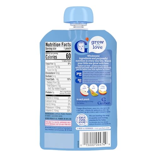 Gerber Stage 2 Baby Food, Apple Pear Peach Puree Pouch, Baby Food, 2 Servings of Fruit, No Added Sweetener, No Artificial Colors or Flavors, 12-Pack