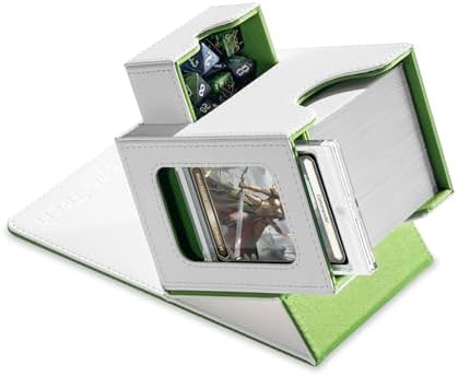 Card Deck Box for MTG Commander - Patented Design, Commander Display, Fits 100 Double-Sleeved Cards, 35pt Card Brick & Dice Tray - White/Green