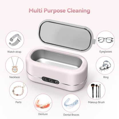 Ultrasonic Jewelry Cleaner, Upgraded 48KHz Ultrasonic Cleaner Machine with 304 Stainless Steel for Jewelry, Eyeglasses, Rings, Dentures, Watch Strap（Light Pink）