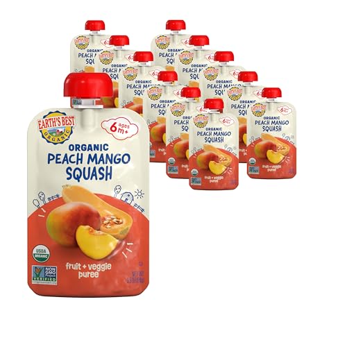 Earth's Best Organic Fruit + Veggie Puree Peach, Mango + Squash Pouch, 3.5 oz (Pack of 12)