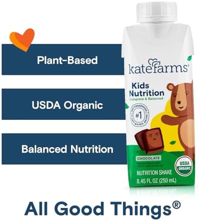KATE FARMS Organic Kids Nutrition Chocolate Shake, 8g Protein, 27 Vitamins and Minerals, Meal Replacement, Gluten Free, Non-GMO, 8.45 oz (6 Pack)