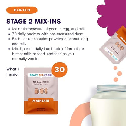 Ready, Set, Food! Stage 2 Mix-ins – Safe & Easy Early Allergen Introduction for Babies 4+ Months, Mix with a Bottle or Baby Food, with 3 Top Allergens: Organic Peanuts, Milk & Eggs (60 Days)