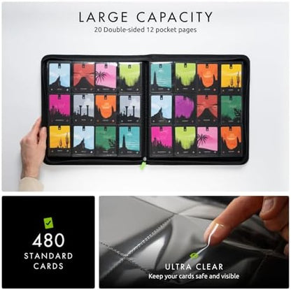 Vault X 12 Pocket Trading Card Zip Binder, 480 cards, Premium Exo-Tec Album Material, 20 Side-Loading Pages, Folder for Collectible Card Games, Sports, TCG (Black)