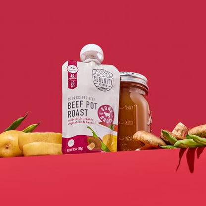 Serenity Kids 7+ Months Beef Pot Roast Bone Broth Puree Baby Food Pouches - BPA-Free Toddler Pouch w/Grass Fed Beef & Organic Veggies - Clean Label Project Purity Award Certified - 3.5 Oz, 12 Pack