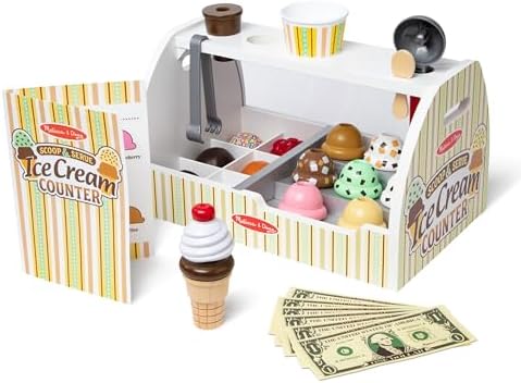 Melissa & Doug Wooden Scoop and Serve Ice Cream Counter (28 pcs) - Play Food and Accessories