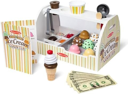 Melissa & Doug Wooden Scoop and Serve Ice Cream Counter (28 pcs) - Play Food and Accessories