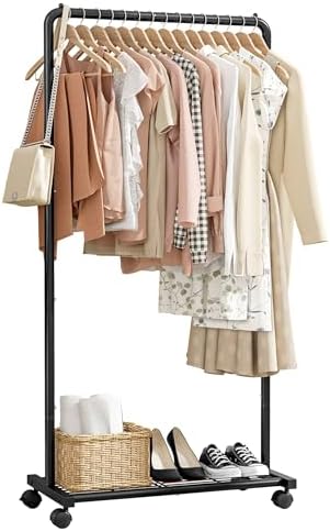 Clothes Rack - Clothing Rack with Storage Mesh Shelf & Casters, Heavy-Duty Metal Clothing Rack for Hanging Clothes, Dresses, Coats, Large Load Capacity, Easy Assembly, Black, 28.0"x14.0"x59.0"