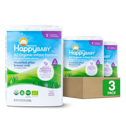 Happy Baby Organics Stage 1 A2 Infant Formula, 0 12 Months, Milk Based Organic Baby Formula Powder with A2 Milk, Probiotics & Prebiotics for Immune & Digestive Support, 22.9 Ounce (Pack of 3)