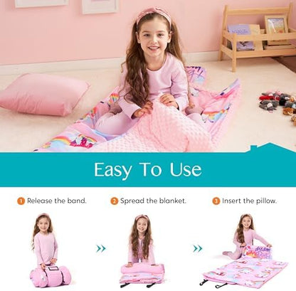 JOIEDOMI Toddler Nap Mat for Preschool 55''x30'' Sleeping Mat with Removable Pillow and Minky Blanket for Kids Ages 3-7 Roll Up Soft Kids Sleeping Bag for Boys Girls Kindergarten Daycare Sleepover