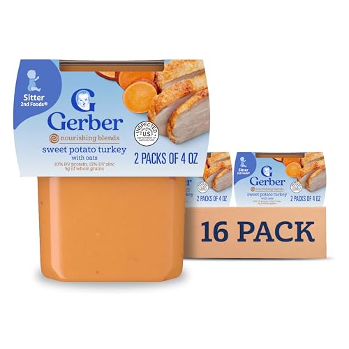 Gerber Stage 2 Baby Food, Sweet Potato Turkey with Oats Puree Tub, Nourishing Blends, No Added Colors or Flavors, Baby Puree, 16-Pack