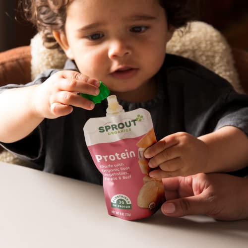 Sprout Organics Baby Food, Root Veg & Beef, Creamy Veg & Chicken, Plant-Based Chickpea Protein Pack, 8+ Months, 4 Oz Purees (Pack of 18)