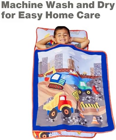 EVERYDAY KIDS Toddler Nap Mat with Removable Pillow -Under Construction- Carry Handle with Fastening Straps Closure, Rollup Design, Soft Microfiber for Preschool, Daycare, Sleeping Bag -Ages 2-6 years