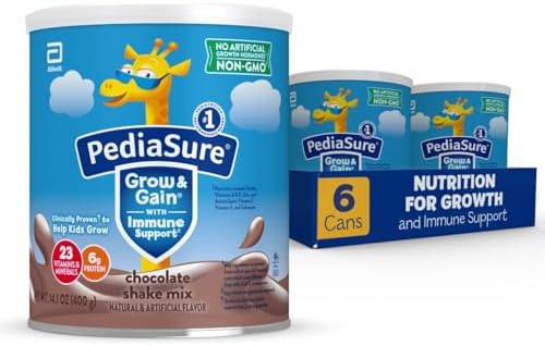 PediaSure Grow & Gain with Immune Support Shake Mix Powder, 23 Vitamins & Minerals, 6g Protein, Non-GMO, Gluten-Free, Kids Nutrition, Chocolate, 14.1 oz Can, Pack of 6-48 servings