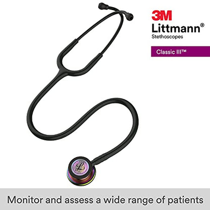 3M Littmann Classic III Monitoring Stethoscope, 5870, More Than 2X as Loud, Weighs Less, Stainless Steel Rainbow-Finish Chestpiece, 27" Black Tube, Stem and Headset
