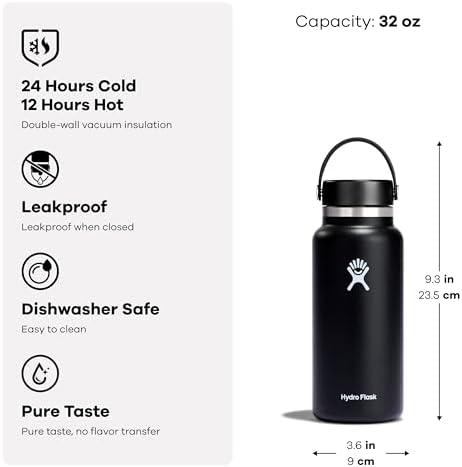 Hydro Flask Water Bottle - Insulated Stainless Steel - Wide Mouth Flex Lid, Non Spill, Leakproof and Refillable in 32 Oz Black