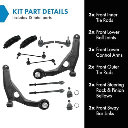 TRQ Front Steering & Suspension Kit Ball Joint Control Arm Steering Rack & Pinion Bellow Sway Bar Stabilizer Link Tie Rod Compatible with 2009-2020 Dodge Journey
