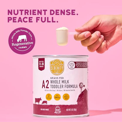 Serenity Kids 12-36 Months A2 Whole Milk Toddler Formula Powder - Organic Grass-Fed Milk Powder with Prebiotics & DHA & ARA for Brain & Eye Support - Clean Label Purity Award Certified - 21 Oz, 1 Pack