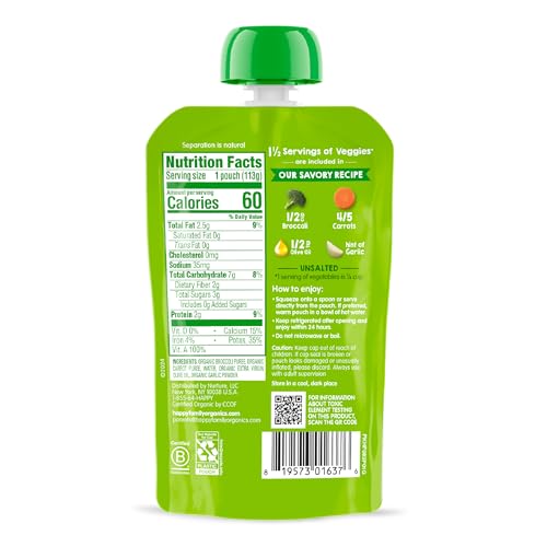 Happy Baby Organics Savory Blends Stage 2 Baby Food, Broccoli & Carrots with Olive Oil + Garlic, 4 Ounce Pouch (Pack of 16)