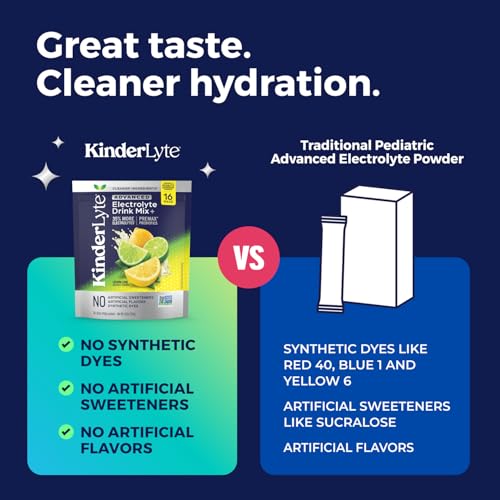 Kinderlyte Electrolyte Powder for Kids and Adults - Drink Mix Hydration Packets (Lemonade, 16 Count), No Artificial Sweeteners or Flavors, No Synthetic Dyes, Vegan, Non-GMO, Gluten-Free