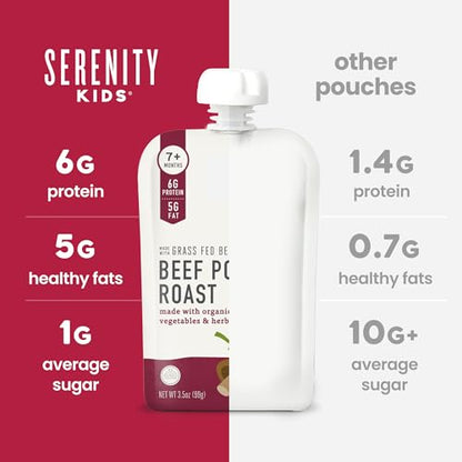 Serenity Kids 7+ Months Beef Pot Roast Bone Broth Puree Baby Food Pouches - BPA-Free Toddler Pouch w/Grass Fed Beef & Organic Veggies - Clean Label Project Purity Award Certified - 3.5 Oz, 12 Pack