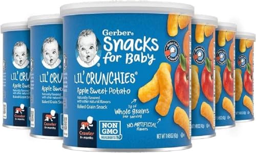Gerber Stage 3 Baby Food Snacks, Apple Sweet Potato Lil' Crunchies, Snacks for Babies, Baby Led Feeding, 6-Pack
