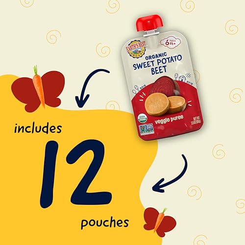 Earth's Best Organic Baby Food Pouches, Stage 2 Vegetable Puree for Babies 6 Months and Older, Organic Sweet Potato and Beets Puree, 3.5 oz Resealable Pouch (Pack of 12) (Packaging May Vary)