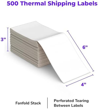Rollo Direct Thermal Shipping Labels - Pack of 500 4x6 Thermal Labels Fanfold - Perforated and Strong Adhesive (Commercial Grade)