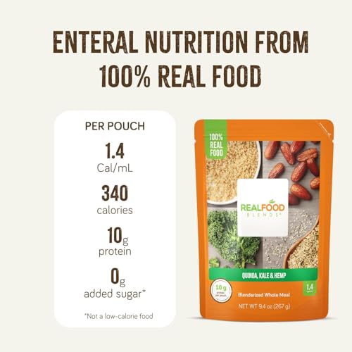 Real Food Blends Quinoa, Kale & Hemp - Pureed Food Meals for Tube Feeding with Protein, Vegetables & Fruits - Plant-based - 340 Calories for Breakfast, Lunch & Dinner - 9.4 oz (Pack of 12)
