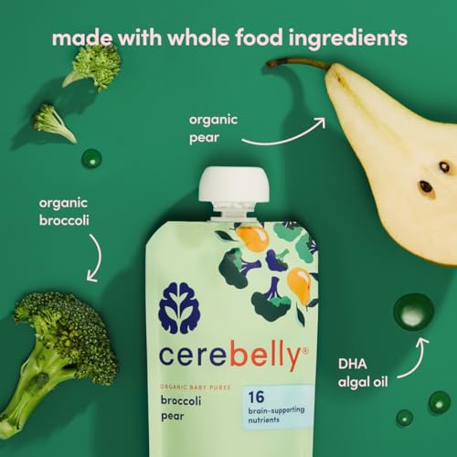 Cerebelly Baby Food Pouches – Organic Veggie Purees for Toddlers | No Added Sugar, Fiber, Non-GMO | Blended Toddler Pouches | 4 Ounce BPA-Free Pouch | Broccoli Pear | 12 Count