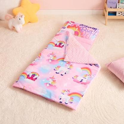 JOIEDOMI Toddler Nap Mat for Preschool 55''x30'' Sleeping Mat with Removable Pillow and Minky Blanket for Kids Ages 3-7 Roll Up Soft Kids Sleeping Bag for Boys Girls Kindergarten Daycare Sleepover