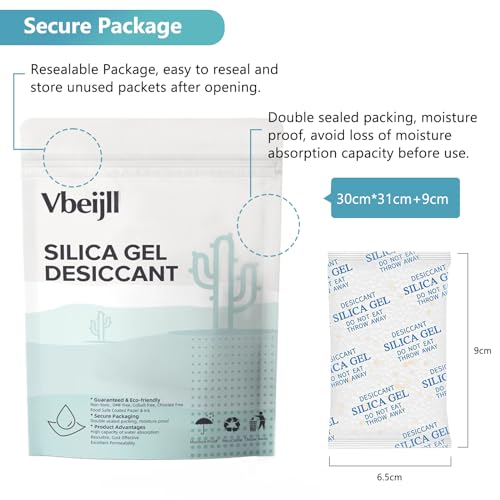 Premium 20 Gram 50 Pcs Desiccant Silica Gel Packets with Color Indicating - Rechargeable Moisture Absorbers for Food Grade Silica Packets for Foods, Seeds, 3D Filaments, Electronics, Safes