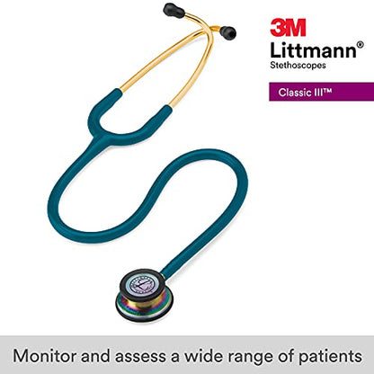 3M Littmann Classic III Monitoring Stethoscope, 5807, More Than 2X as Loud, Weighs Less, Stainless Steel Rainbow-Finish Chestpiece, 27" Caribbean Blue Tube, Brass Stem and Headset