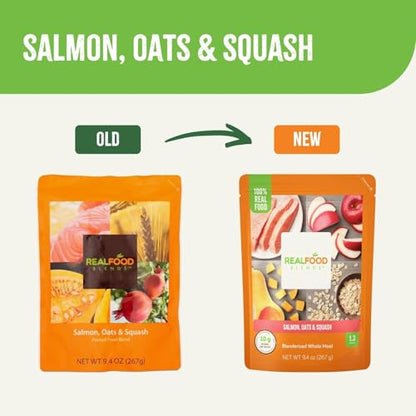 Real Food Blends Salmon, Oats & Squash - Pureed Food Meals for Tube Feeding with Protein, Vegetables & Fruits - 330 Calories for Lunch & Dinner - 9.4 oz (Pack of 12)