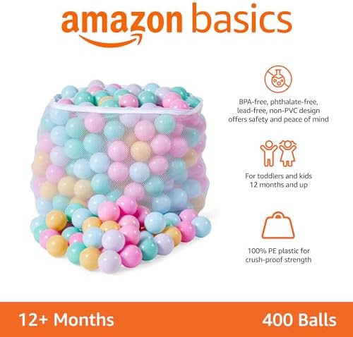 Amazon Basics BPA Free Crush-Proof Plastic Ball, Pit Balls with Storage Bag, Toddlers Kids 12+ Months, Pack of 400 Balls, 6 Pastel Colors