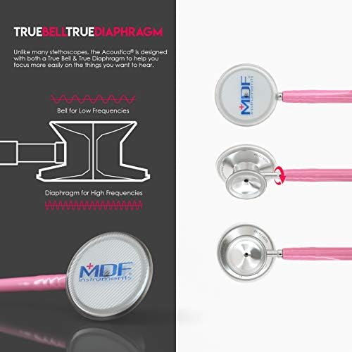 MDF Instruments, Acoustica Lightweight Stethoscope for Doctors, Nurses, Students, Home Health Use, Adult, Dual Head, Pink Tube, Silver Chestpiece-Headset, MDF747XP01