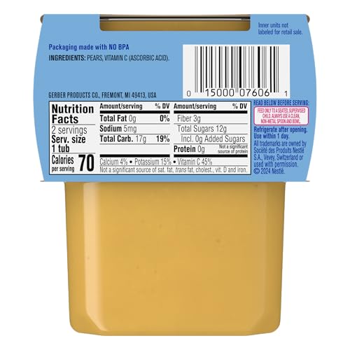 Gerber 2nd Food Baby Food Pear Puree, Natural & Non-GMO, 4 Ounce Tubs, 2-Pack (Pack of 8)