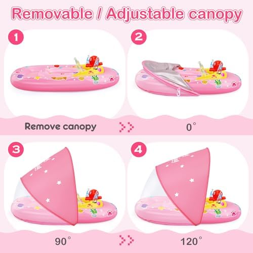 EZIGO Baby Pool Float with Canopy UPF50+ Sun Protection, Inflatable Kids Pool Floats with Ocean Animal Toys for Baby 6-36 Months, Infant Swimming Float with Adjustable Safety Seat for Boys Girls