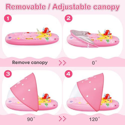 EZIGO Baby Pool Float with Canopy UPF50+ Sun Protection, Inflatable Kids Pool Floats with Ocean Animal Toys for Baby 6-36 Months, Infant Swimming Float with Adjustable Safety Seat for Boys Girls