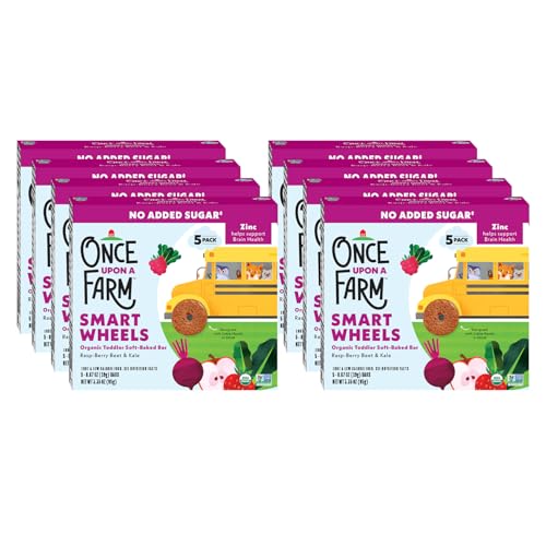 Once Upon A Farm Smart Wheels Organic Toddler Soft-Baked Bar, Rasp-Berry Beet & Kale, No Added Sugar, Kosher, USDA Certified Organic, Non-GMO, 3.35 Ounce (Pack of 8)