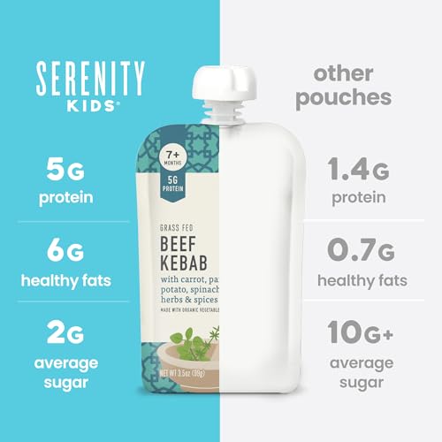 Serenity Kids 7+ Months World Explorers Baby Food Pouches Puree Made with Ethically Sourced Meats & Organic Veggies - 3.5 Ounce BPA-Free Pouch - Beef Kebab - 12 Count Meat Baby Food
