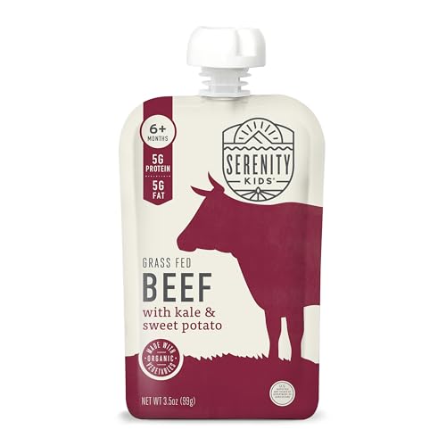 Serenity Kids 6+ Months Baby Food Pouches - Grass Fed Beef Puree with Organic Kale & Sweet Potato - BPA-Free Baby Snacks - 3.5 Oz, 6 Pack