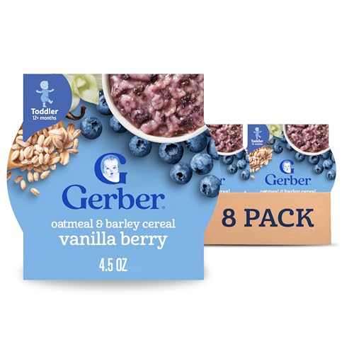 Gerber Toddler Food, Baby Food, Breakfast Oatmeal with Barley, Vanila Berry Flavor, Cereal, Iron Helps Support Brain Development, 8 Pack