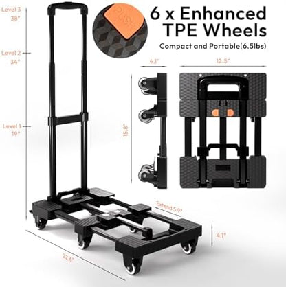 Folding Hand Truck 600lbs, Portable Heavy Duty Dolly Cart, 6 Wheels Collapsible Luggage Cart with 2 Elastic Ropes - Compact Trolley Cart for Easy Moving - Ideal Hand Cart for Travel and More