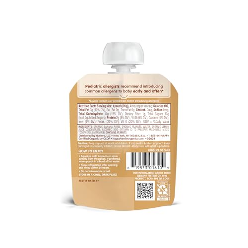 Happy Baby Organics Stage 2 Baby Food Pouches, Gluten Free, Vegan Snack, Nutty Blends, Bananas & Peanut Butter Organic Baby Food, 3 Ounce (Pack of 12)