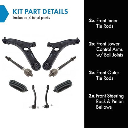 TRQ Front Steering & Suspension Kit Control Arm with Ball Joint Steering Rack & Pinion Bellow Tie Rod Compatible with Hyundai HY4511103