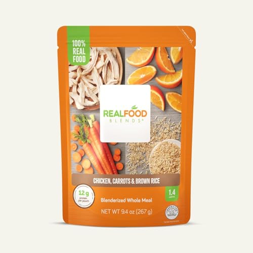 Real Food Blends Chicken, Carrots & Brown Rice - Pureed Food Meals for Tube Feeding with Protein, Vegetables & Fruits - 340 Calories for Lunch & Dinner - 9.4 oz (Pack of 12)