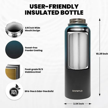 Insulated Water Bottle 40 oz, Triple Wall Vacuum Stainless Steel (Cold for 48 Hrs), Leak Proof & Non-BPA, Modern Water Flask Jug with Paracord Handle & Straw Spout Lids, Indigo/Black