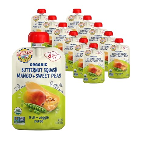 Earth's Best Organic Butternut Squash, Mango and Sweet Peas Puree Pouch 3.5 oz (Pack of 12)