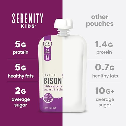 Serenity Kids 6+ Months Baby Food Pouches - Ethically Sourced Grass-Fed Bison & Organic Kabocha Squash & Spinach Puree - BPA-Free Baby Puree Pouches - 3.5 Oz, 6 Pack
